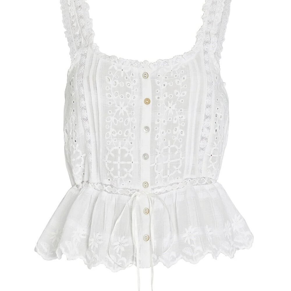 LoveShackFancy Luanne Cotton Eyelet Tank Top, Size L